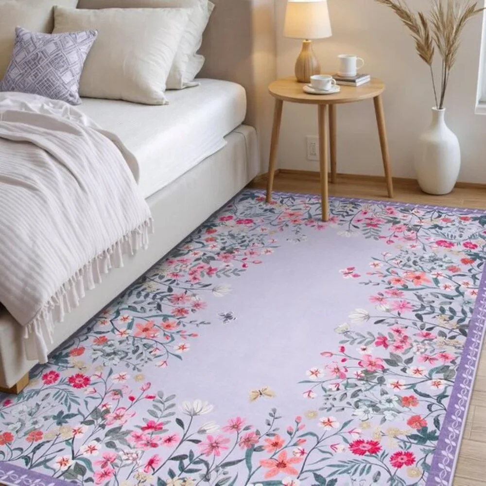 New 5x7 Purple Washable Rug, Floral, Non-Slip, Soft Carpet for Bedroom & Nursery